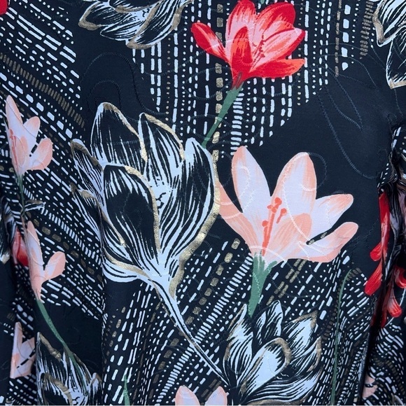 VINTAGE SMALL JM COLLECTION BLOUSE BLACK FLORAL GOLD SHIMMER ACCENT STRETCH - Picture 3 of 12